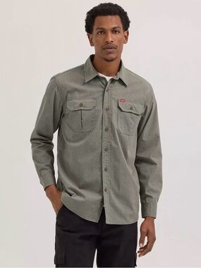 Wrangler Men's Olive Button-Down Work Shirt
